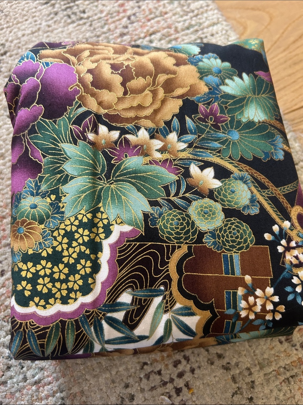 Floral Asian-Inspired Cotton Fabric Panel in Teal, Cream & Gold